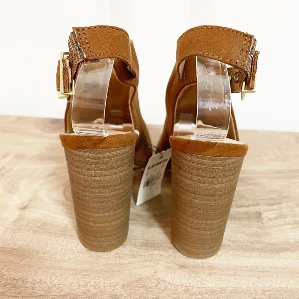 Express Tan Camel Brown Peep Almond Toe Ankle Buckle Block Heel 6